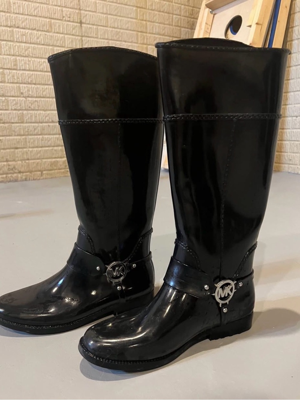 Michael Kors Black Patent Tall Riding Boots with MK Medallion